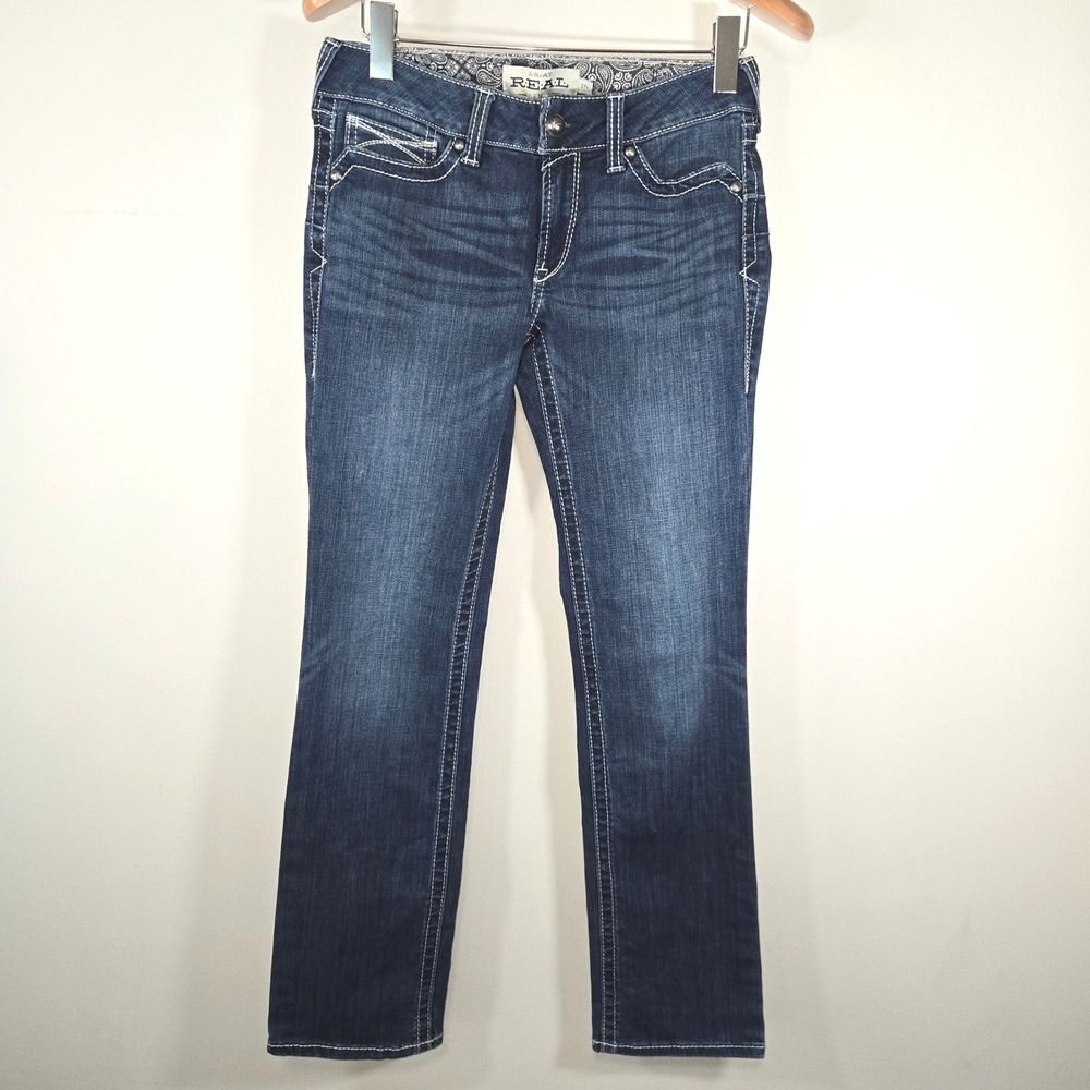 Ariat REAL Straight Leg Jeans Womens 27R Dark Wash Embroidered Mid Rise Denim